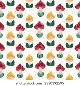 Colorful seamless pattern with hand drawn mushrooms in grass, cute Fly Agaric and dots in cartoon style on white background.