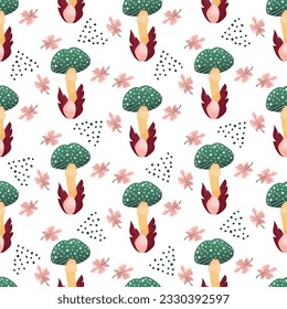 Colorido patrón sin costura con setas dibujadas a mano en el pasto, lindo Fly Agaric y puntos y hojas de arce en estilo de dibujos animados sobre fondo blanco.