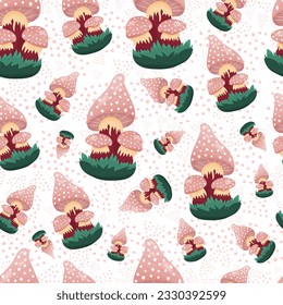 Colorful seamless pattern with hand drawn mushrooms in grass, cute Fly Agaric and dots in cartoon style on white background.