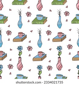 Colorful seamless pattern with hand drawn doodle cute pink and blue cups on a books, heart shapes, vase with flowers