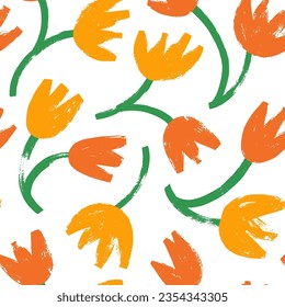 Colorful seamless pattern with hand drawn tulip flowers. Retro collage art style floral scribble background. Brush drawn naive style tulips or meadow plants. Contemporary botanical seamless pattern.