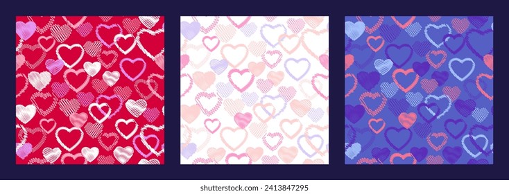 Colorful seamless pattern with hand drawn vector shape hearts. Print with set textured heart silhouettes outline. Valentine, love background. Template for textile, fashion, surface design, fabric