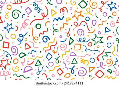 Farbiges, nahtloses Muster mit handgezeichnet zufälligen Formen. Konfetti, Sterne, Kreise, Dreiecke, Quadrate.