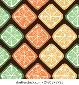 Colorful seamless pattern with hand drawn square citrus. Trendy summer textile design. Creative fruity ornament for fabric wrapping paper stationary and other endless fill. Modern and fresh aesthetic.