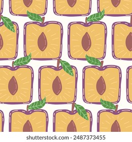 Colorful seamless pattern with hand drawn square plum. Trendy summer textile design. Creative fruity ornament for fabric wrapping paper stationary and other endless fill. Modern and fresh aesthetic.