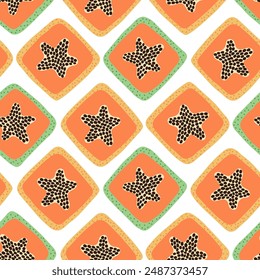 Colorful seamless pattern with hand drawn square papaya. Trendy summer textile design. Creative fruity ornament for fabric wrapping paper stationary and other endless fill. Modern and fresh aesthetic.