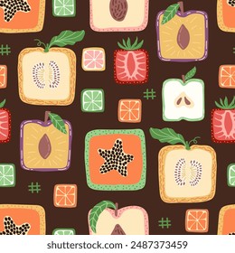 Colorful seamless pattern with hand drawn square fruits. Trendy summer textile design. Creative fruity ornament for fabric wrapping paper stationary and other endless fill. Modern and fresh aesthetic.