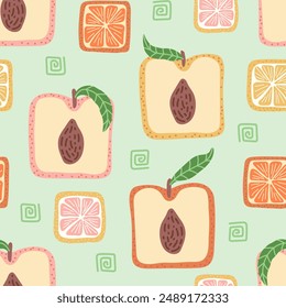 Colorful seamless pattern with hand drawn square fruits. Trendy summer textile design. Creative fruity ornament for fabric wrapping paper stationary and other endless fill. Modern and fresh aesthetic.