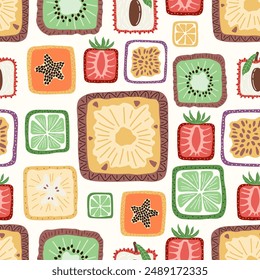 Colorful seamless pattern with hand drawn square fruits. Trendy summer textile design. Creative fruity ornament for fabric wrapping paper stationary and other endless fill. Modern and fresh aesthetic.