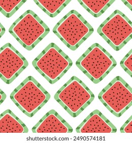 Colorful seamless pattern with hand drawn square watermelon. Trendy summer textile design. Creative fruity ornament for fabric, wrapping, stationary and other endless fill. Modern and fresh aesthetic.