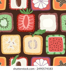 Colorful seamless pattern with hand drawn square fruits. Trendy summer textile design. Creative fruity ornament for fabric wrapping paper stationary and other endless fill. Modern and fresh aesthetic.