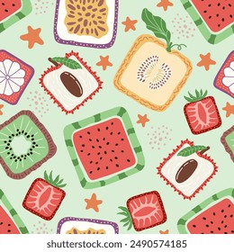 Colorful seamless pattern with hand drawn square fruits. Trendy summer textile design. Creative fruity ornament for fabric wrapping paper stationary and other endless fill. Modern and fresh aesthetic.