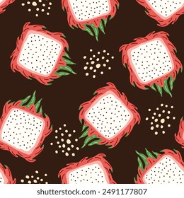 Colorful seamless pattern with hand drawn square pitaya. Trendy summer textile design. Creative fruity ornament for fabric wrapping paper stationary and other endless fill. Modern and fresh aesthetic.