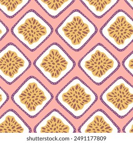 Colorful seamless pattern with hand drawn square passion fruit. Trendy summer textile design. Creative fruity ornament for fabric wrapping stationary and other endless fill. Modern and fresh aesthetic