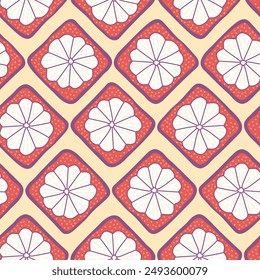 Colorful seamless pattern with hand drawn square mangosteen. Trendy summer textile design. Creative fruity ornament for fabric, wrapping, stationary and other endless fill. Modern and fresh aesthetic.