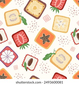 Colorful seamless pattern with hand drawn square fruits. Trendy summer textile design. Creative fruity ornament for fabric wrapping paper stationary and other endless fill. Modern and fresh aesthetic.