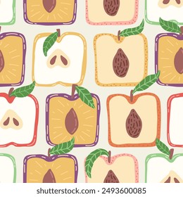 Colorful seamless pattern with hand drawn square fruits. Trendy summer textile design. Creative fruity ornament for fabric wrapping paper stationary and other endless fill. Modern and fresh aesthetic.