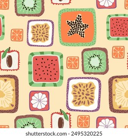 Colorful seamless pattern with hand drawn square fruits. Trendy summer textile design. Creative fruity ornament for fabric wrapping paper stationary and other endless fill. Modern and fresh aesthetic.