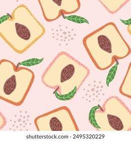 Colorful seamless pattern with hand drawn square peach. Trendy summer textile design. Creative fruity ornament for fabric wrapping paper stationary and other endless fill. Modern and fresh aesthetic.