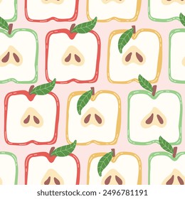 Colorful seamless pattern with hand drawn square apple. Trendy summer textile design. Creative fruity ornament for fabric wrapping paper stationary and other endless fill. Modern and fresh aesthetic.