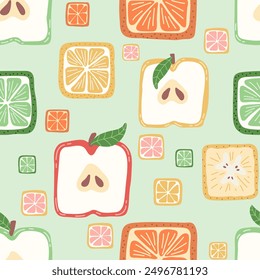 Colorful seamless pattern with hand drawn square fruits. Trendy summer textile design. Creative fruity ornament for fabric wrapping paper stationary and other endless fill. Modern and fresh aesthetic.