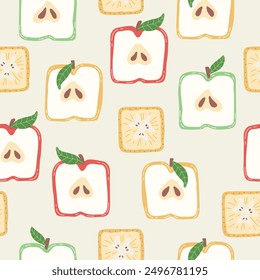 Colorful seamless pattern with hand drawn square fruits. Trendy summer textile design. Creative fruity ornament for fabric wrapping paper stationary and other endless fill. Modern and fresh aesthetic.