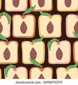 Colorful seamless pattern with hand drawn square peach. Trendy summer textile design. Creative fruity ornament for fabric wrapping paper stationary and other endless fill. Modern and fresh aesthetic.