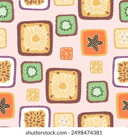 Colorful seamless pattern with hand drawn square fruits. Trendy summer textile design. Creative fruity ornament for fabric wrapping paper stationary and other endless fill. Modern and fresh aesthetic.