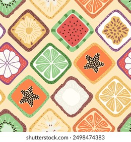 Colorful seamless pattern with hand drawn square fruits. Trendy summer textile design. Creative fruity ornament for fabric wrapping paper stationary and other endless fill. Modern and fresh aesthetic.