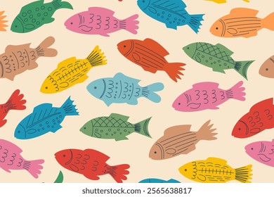 Colorful seamless pattern of hand drawn fish. Scandinavian design on a beige craft background. Chaotic movement of ocean fish. Children's vector illustration