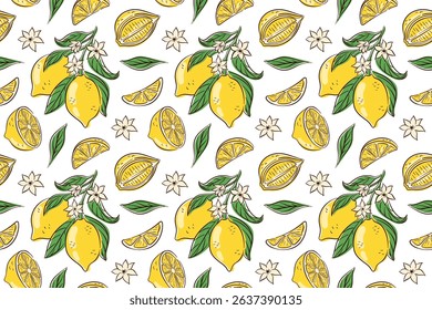 Colorful seamless pattern with hand drawn lemon, leaf and flower on a white background. Perfect for textile, packaging, summer theme and fresh fruit design project.