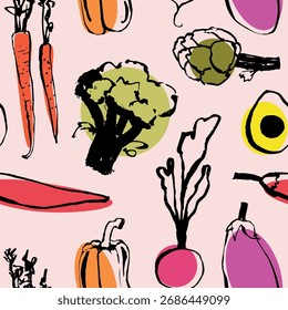 Modelo inconsútil colorido con las verduras dibujadas a mano del garabato incluyendo el brócoli, la alcachofa, el rábano, el aguacate, la zanahoria, la berenjena, y el pimiento morrón