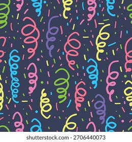 Colorful seamless pattern with hand drawn streamers and confetti on dark background. Flat vector illustration. Party and celebration concept. 