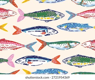 Colorful Seamless pattern. Hand drawn Seafood Mediterranean Sardines , Doodles mackerel, anchovy and seashells Vector Illustration Design for fashion , fabric, textile, wallpaper , wrapping and all prints