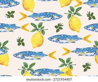 Patrón inconsútil colorido. Sardinas mediterráneas de marisco dibujadas a mano, limón, caballa Doodles, anchoa y conchas marinas Ilustración vectorial Diseño para moda, tela, textil, Fondo de pantalla, envoltura y todos los estampados