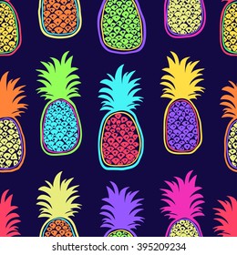 Colorful seamless pattern of hand drawn pineapple. Summer background, fruit print. Great for web page, fabric design, scrapbook elements, wrapping paper, cards, cover, and more. Vector 