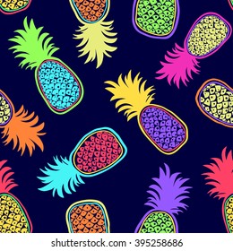 Colorful seamless pattern of hand drawn pineapple. Summer background, fruit print. Great for web page, fabric design, scrapbook elements, wrapping paper, cards, cover, and more. Vector 