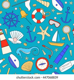 Colorful seamless pattern with hand drawn nautical items.