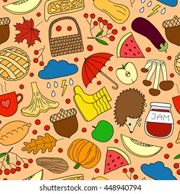Colorful seamless pattern with hand drawn autumn items.