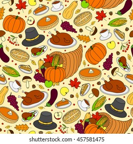 Colorful seamless pattern with hand drawn items for Thanksgiving day celebration.