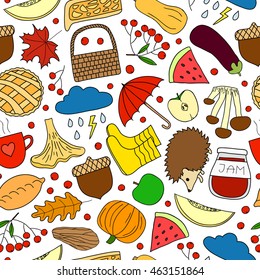 Colorful seamless pattern with hand drawn autumn items.