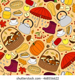 Colorful seamless pattern with hand drawn autumn items.