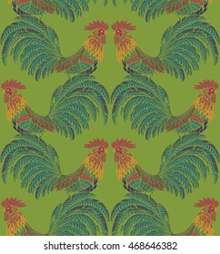 Colorful seamless pattern with hand drawn fiery roosters in doodle ornate style. Beautiful vector endless background. Symbol of the new year.