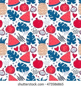 Colorful seamless pattern with hand drawn exotic fruits, vector illustration