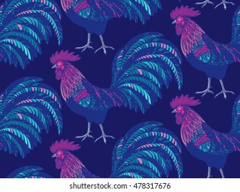 Colorful seamless pattern with hand drawn fiery roosters in doodle ornate style. Beautiful vector endless background. 