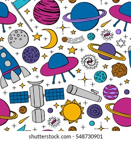Colorful seamless pattern with hand drawn space items.