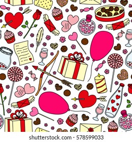Colorful seamless pattern with hand drawn items for Valentine's day.