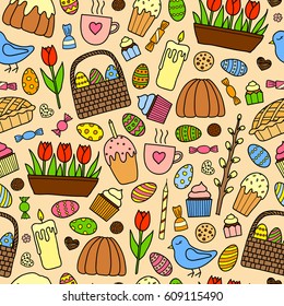 Colorful seamless pattern with hand drawn easter items.