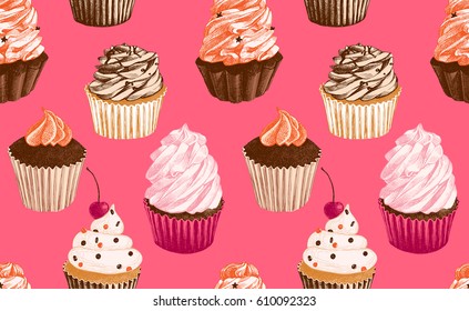 Colorful seamless pattern with hand drawn cupcakes on pink background