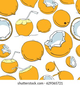 Colorful seamless pattern with hand drawn yellow coconuts. Cartoon pattern for textiles, print for t-shirts, wallpapers.